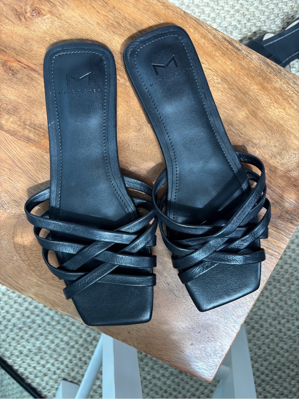 Marc Fisher Black Multi-Strap Square-Toe Slide Mules